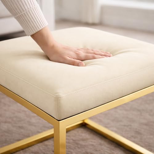 Image of Square Metal Ottoman /Sitting Stool /Living Room Furniture /Office, Velvet Footstool /Footrest Pouffes Home Decor (Cream) - 30.48 Cm, 38 Cm