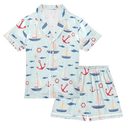 Sailing Boat with Anchor Print Summer Satin Pajama Set, Cute Button-Down Sleepwear Pj Set for Sleep Wears