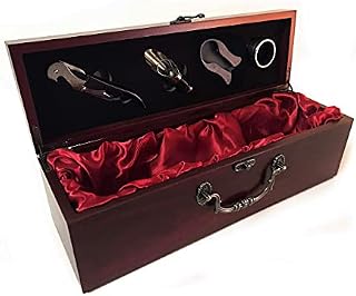 ASC Wine Presentation Box, Detailed Ornate Metal Handle and Clasp, Case with Accessories, Velvet Lined, Wine Gift Box