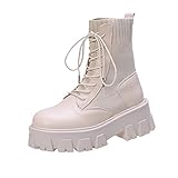  Frauen Leder Stiefel einfarbig Herbst Winter lässig Schnürschuhe Mode runde Zehen Patchwork Outdoor-Plattform Stiefeletten