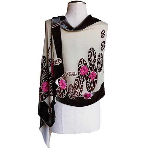 Silk Base Burn-out Velvet Oblong Shawl Scarf, Flora Lotus Pattern, Black, Fuchsia Velvet on Beige Sheer4