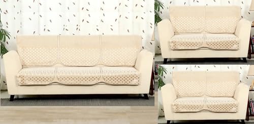 Image of Soild Premium Velvet Jaquard Fabric Sofa Cover for 7 Seater Sofa Set Slipcover for 3 Seater and 2+2 Seater Sofa Panel (7 Seater, Star Design Beige Color)