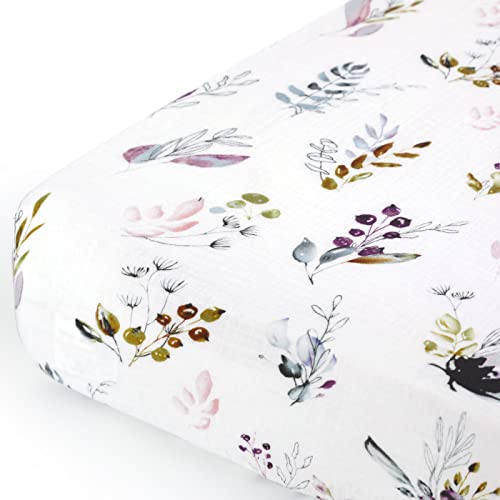 Image of GRSSDER Soft Muslin Crib Sheet 1 Pack, 100% Cotton Crib Sheets for Boys and Girls, Fit Standard Crib Mattresses 52 inch x 28 inch Safe and Snug, Stylish Watercolor Leaf Pattern