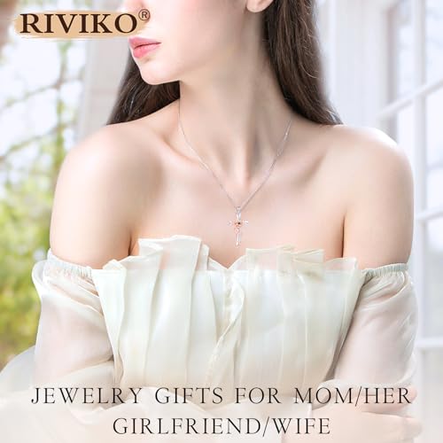 RIVIKO 925 Sterling Silver Cross Birthstone Necklace for Women Cross Rose Pendant Necklaces Trendy Christmas Valentine's Day Anniversary Jewelry Gift for Women Her Wife Girlfriends3