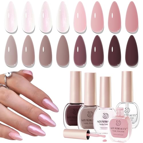 AZUREBEAUTY Nail Polish Set 4 Colors Pink Nude Glitter Nail Polish Quick Dry Natural Nail Lacquer Fingernail Kit with Top Coat DIY Salon Home