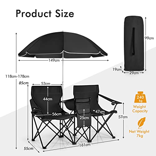 COSTWAY Double Camping Chair, Portable Folding Loveseat with Umbrella, Ice Bag, Cup Holder & Carrying Bag, Outdoor Garden Seaside Fishing Picnic Leisure Lover Chairs Set (Black) - Image 3