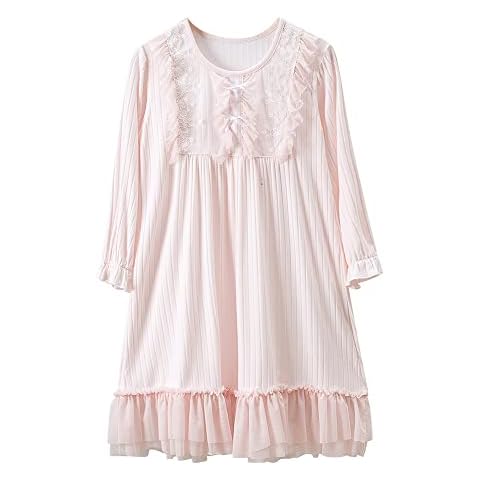 Flwydran Nighgown for Girls, Lace Nightwear Sweet Victorian Nightdress for Kids Soft Modal Toddler Sleepwear Knitted Cotton Nightgown 3-12 years Cover