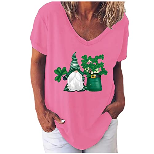 Tekaopuer Damen-Top, Damen-T-Shirt, St. Patricks Day, grafisches T-Shirt, Sommer, kurzärmelig, Strand-Shirt, Zwerg, Kleeblatt-Druck, lässige Blusen mit V-Ausschnitt, rose, Large Cover