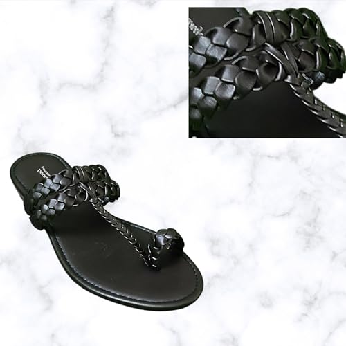 Image of Women's Round Toe Flats Sandal | Hand Braided Toe Ring Sandals | Dailywear Slippers Under 500 | Open Toe Kolhpauri Style chappal for Ethnic and Casual Occassions.