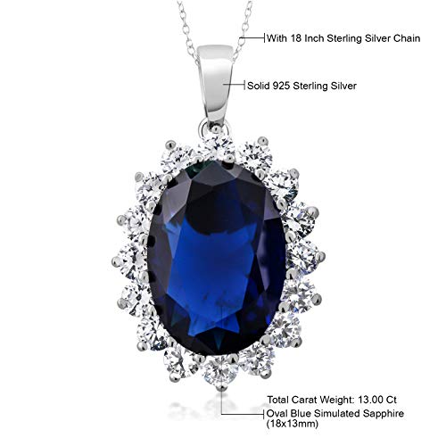 Gem Stone King 925 Sterling Silver Blue Simulated Sapphire Pendant Necklace For Women (13.00 Cttw, Oval 13X18Mm, With 18 Inch Silver Chain) #TOP4