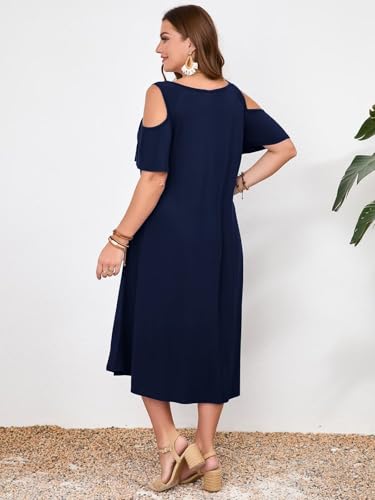 Image of LARACE Plus Size Women Dress for Summer, Midi Women's Sundress, Casual V-Neck Short Sleeve Flowy T-Shirt Dresses with Pockets