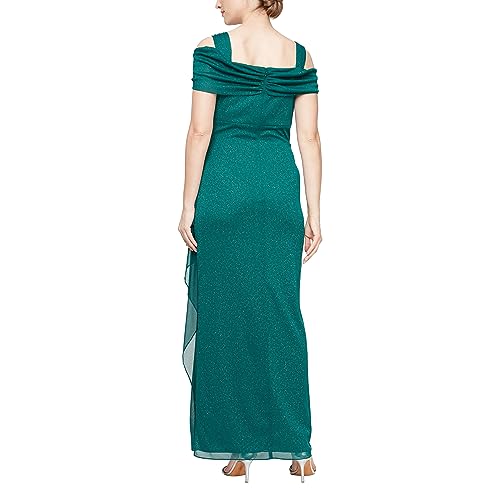 Image of Alex Evenings Women's Long Cold Shoulder Dress, Mother of The Bride, Formal Events, Emerald Glitter, 4 Petite