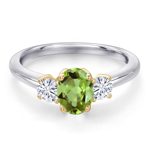 Gem Stone King 10K 2 Tone Gold Green Peridot and White Moissanite 3-Stone Engagement Ring For Women | 1.22 Cttw | Oval 7X5MM and Round 3.5MM | Available in Size 5,6,7,8,93