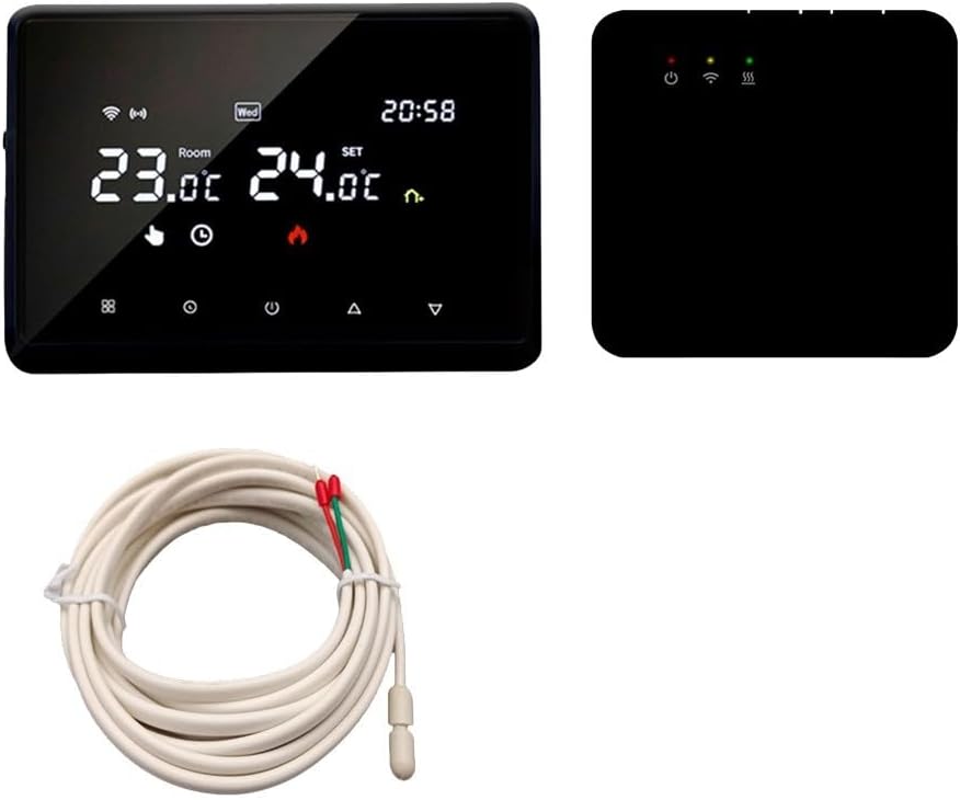 Yuanpgky Wi-Fi slimme thermostaat, programmeerbare thermostaat RF-ontvanger, WiFi slimme thermostaat met RF-ontvanger, app-ondersteuning, voor verwarming van gasketels (zwart + sensor)