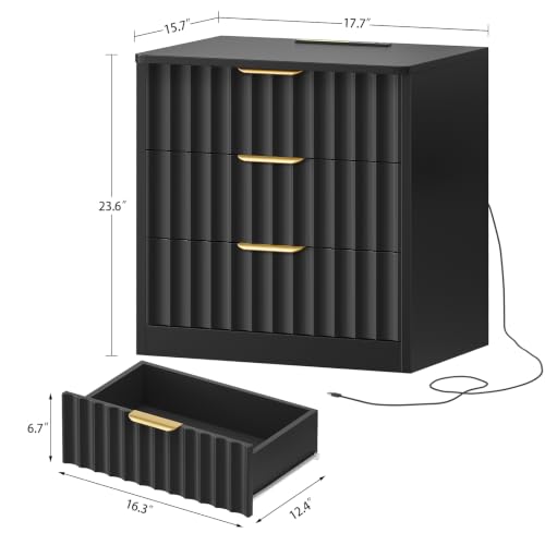 Image of TEENFON Fluted Nightstands Set of 2, Night Stand with Charging Station and LED Light, Nightstand with 3 Storage Drawers, Bedside Table for Small Space, Bedroom, Black