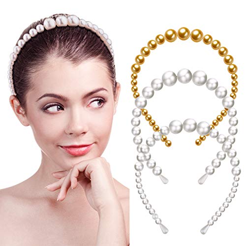 3 Pieces Pearl Headbands Big Faux Pearl Headband Bridal Wedding Hair Accessories for Women Girls (White and Gold)