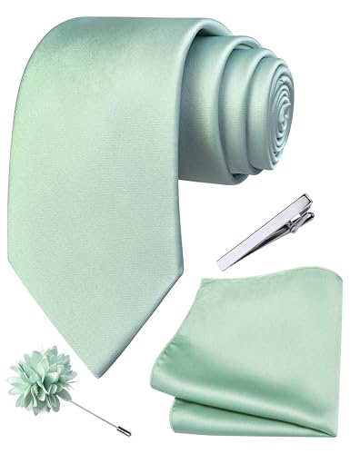 Branduce Mint Tie for Men Wedding Solid Satin Silk Blend Necktie Pocket Square Tie Clip and Lapel Pin Brooch Set (TA14-25)