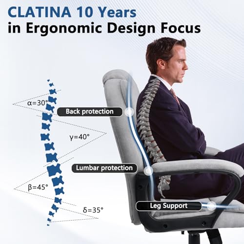 Image of CLATINA Grey Cloth Office Chair Fabric Covered Desk Chair, Adjustable Height Swivel Chairs Ergonomic Executive Chair with Arms and Wheels Comfortable Upholstered, 350 LBS