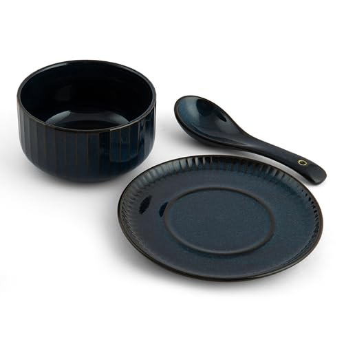 Image of Clay Craft Fine Ceramic 18-Piece Soup Bowl Set | 6 Soup Bowls, 6 Spoons & 6 Under Plates | Striped Glossy Design | 350 Ml | Microwave & Dishwasher Safe | for Serving Soup & Snacks | Midnight Blue