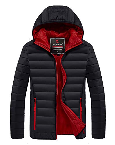 XIONG TAI Men's Black Packable Lightweight Puffer Jacket Winter Water-Resistant Hooded Coat ï¼ˆBlack Red,Small