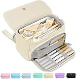 Sooez Super Large Pencil Case, Big Capacity Pencil Bag with 3 Compartments, Holds 100 Pencils, Cute Pencil Pouch with Zipper, Portable Stationery Pen Bag, Aesthetic School Supplies For Girls, Beige