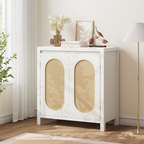 GAOMON Storage Cabinet Sideboard Buffet with Rattan Doors & Adjustable Shelf, Mid Century Modern Accent Cabinet for Living Room, Dining Room, Entryway, White