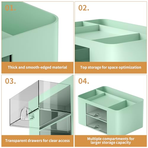 Image of Marbrasse Pen Organizer with 2 Drawer, Multi-Functional Pencil Holder for Desk, Desk Organizers and Accessories with 5 Compartments + Drawer for Office Art Supplies (Green)