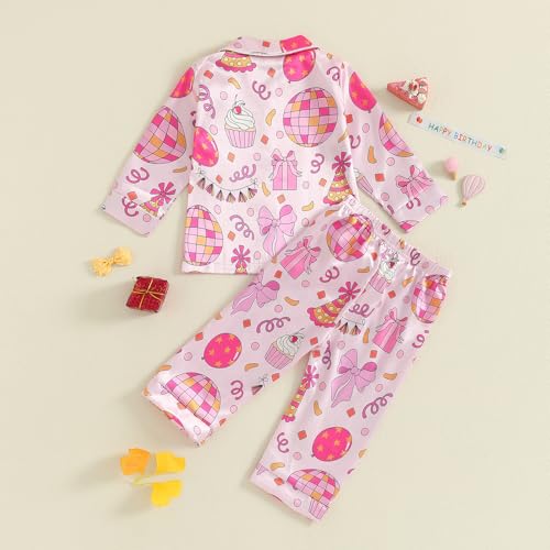 Biayxms Kids Baby Girl Birthday Silk Pajamas Set Cake Button Down Shirts Tops Shorts My Birthday Girls Satin Pj Sleep Sets4