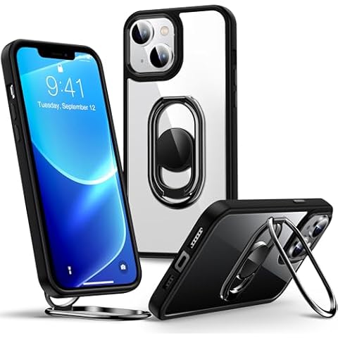 Shields Up for iPhone 14 Case with Stand, Phone Case Clear with Double Ring Holder [Adjustable & Foldable] Shockproof Protective Cover for iPhone 14 6.1 inch - Clear Black Cover
