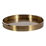 Kate and Laurel Samana Modern Glam Round Metal Tray, 17 Inch Diameter, Antique Brass, Circular Polished Decorative Tray with Hammered Surface and Minimalist Handles