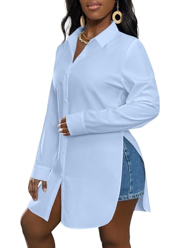 Image of LYANER Women's Collar Neck Long Sleeve Button Down Shirts Sexy Split Hem Tops Long Blouse Shirt Dress