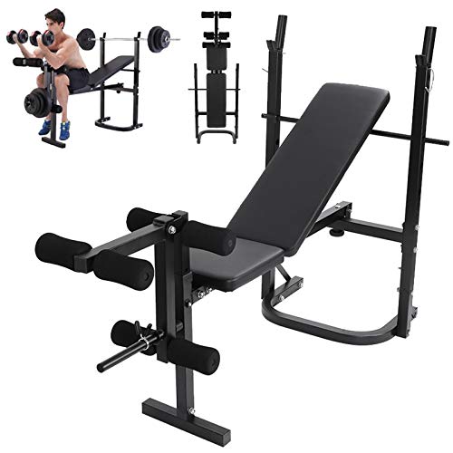 HUZONG Foldable Olympic Workout Weight Bench with Squat Barbell Rack, Adjustable Press Incline Bench, Preacher Pad, Leg Extension, Strength Training Weightlifting Fitness Equipment for Home/Office/Gym