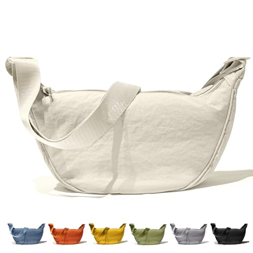 Spacious Crescent Sling Bag for Women & Men Lightweight Taslon Crossbody Shoulder Chest Bag with Adjustable Strap Water-Resistant Casual Everyday Purse for Travel Work Shopping Beige