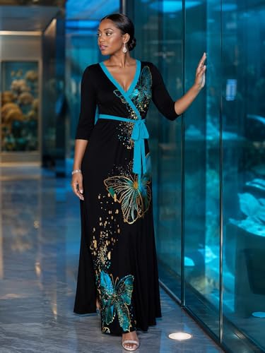 Image of Women's V Neck Floral Maxi Dress 3 /4 Sleeve Plus Size Boho Wrap Flowy Long Dresses with Belt
