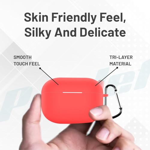 Image of Prolet Silicone Case for Realme Buds T300, Soft 360 Full Protection Shockproof Dustproof Cover with Carabiner Hook, Anti-Slip Durable Protective Case for Realme Buds T300 Earbuds - Red