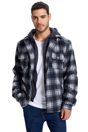 TanBridge Men's Cotton Plaid Shirts Jacket Full Zip Fleece Flannel Sherpa Lined Hoodies Heavyweight Hoodies Jacket for Men