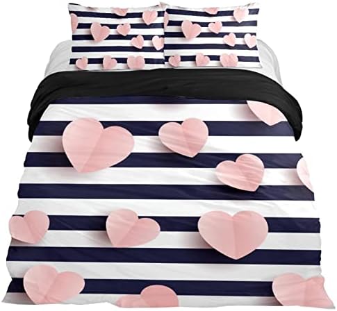 AOYU Pink Hearts Striped Duvet Cover Bedding Set 3pcs Lightweight Microfiber 1 Duvet Cover 2 Pillowcase, Comfortable, Breathable, Soft, Extremely Durable, Extra Long Twin Size