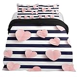 AOYU Pink Hearts Striped Duvet Cover Bedding Set 3pcs Lightweight Microfiber 1 Duvet Cover 2 Pillowc