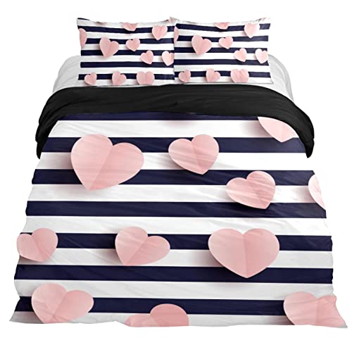 Aoyu Pink Hearts Striped Duvet Cover Bedding Set 3Pcs Lightweight Microfiber 1 Duvet Cover 2 Pillowcase, Comfortable, Breathable, Soft, Extremely Durable, Extra Long Twin Size #TOP27