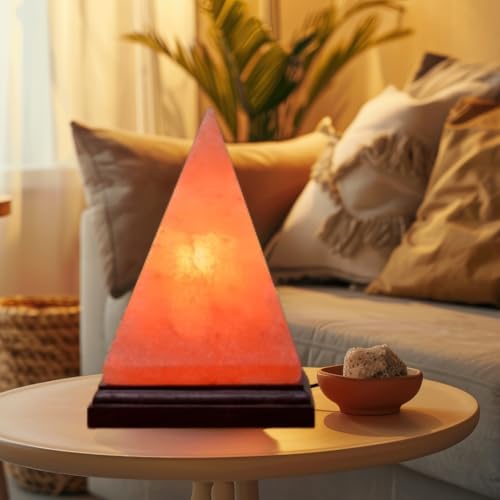 Image of NB Himalayan Pink Salt Pyramid Lamp - Hand-Carved Crystal Rock Salt Lamp with Dimmer Switch & 2 Bulbs - Natural Wellness Light from Pakistan - Amber Glow for Home, Office & Meditation Space