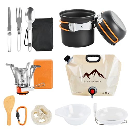 Cocina Camping Portatil Juego de Vajilla de Camping Utensilios Cocina Camping con Hervidor de Agua, Olla de Camping, Platos, Tenedores, Cuchillos, Cucharas para Exteriores Senderismo Picnic Barbacoa