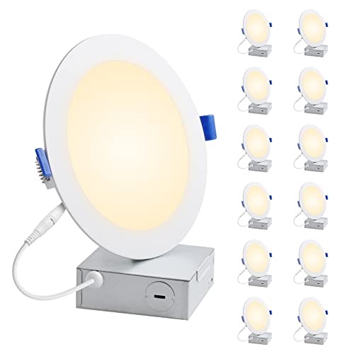 Lepro 4 Inch Recessed Slim Pot Lights with Junction Box, 10W Dimmable 3000K 750LM LED Ceiling Lighting, 12 Pack Ceiling Downlight for Kitchen Livingroom Bedroom, Energy Star Certified
