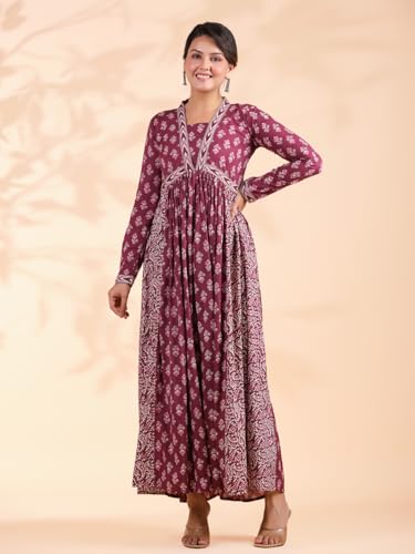 Image of Vbuyz Women's Floral Print Anarkali Cotton Aqua Blue Stitched Kurta | Anarkali Kurti for Women | Kurta for Women