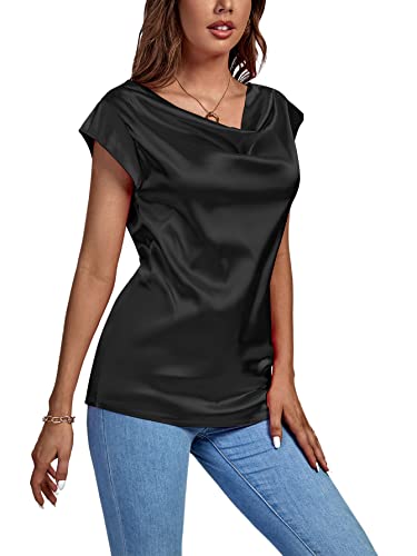 Lyaner Women's Satin Silky Drape Cowl Neck Cap Sleeve Tank Tops Tunic Blouse Shirt Black Large #TOP2