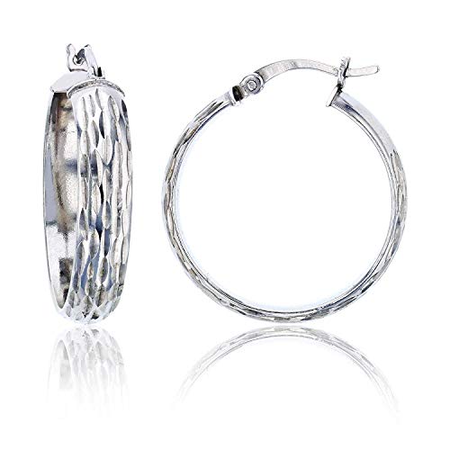 Sterling Silver Vertical Diamond Cut Polished Hoop Earrings for Women | 5x25mm Round Hoop Earrings | Secure Snap Bar Closure | Shiny Classic Earrings