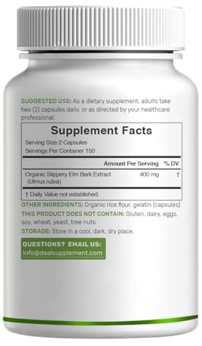 DEAL SUPPLEMENT Slippery Elm Capsules – 300 Pills, Made with Organic Inner Bark Powder Extract – Natural Herb for Soothing Throat & Digestive Support – Non-GMO
