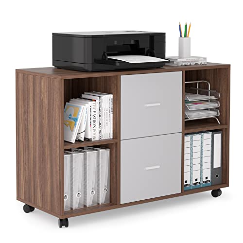 Justone 2 Drawers 4 Open Storage Cabinets, Mobile Lateral Filing Cabinet, Printer Stand With Wheels For Home Office(2 Drawer,Walnut + Grey) #TOP5