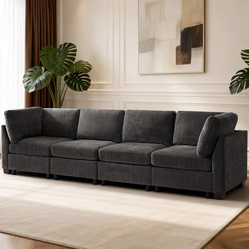 Image of TEKAMON 122 inch Modern Sofa Modular Sectional Couch, 4-Seat Chenille Deep Seat Sofa for Living Room, Bedroom and Apartment, Dark Grey