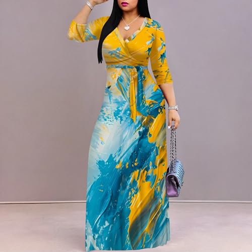 Image of PinkPatty Women's Print Maxi Dresses 3 /4 Sleeve Flowy Long Dress V Neck Wrap Tie Waist Sundress