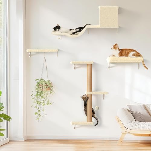 FUKUMARU Kletterwand Katzen Set, 10-teilig Katzen Kletterwand Set, aus robuster Multiplexplatte，Hängematte Katze mit Katzenhaus, Katzenbrücke,...
